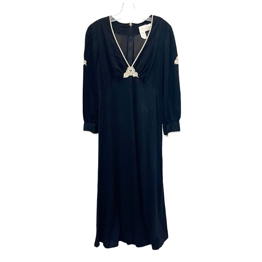 70s‎ Vintage Sears At Home Wear Black Maxi Dress Lace Trim Floral Size 13